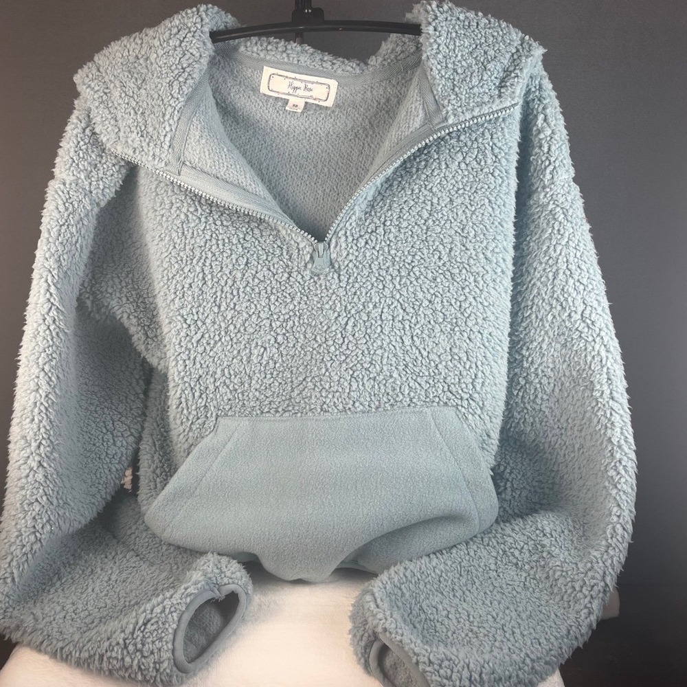 Hippie Rose Cozy Blue Sherpa Half-Zip Hoodie | Soft Plush Warm Winter Essential